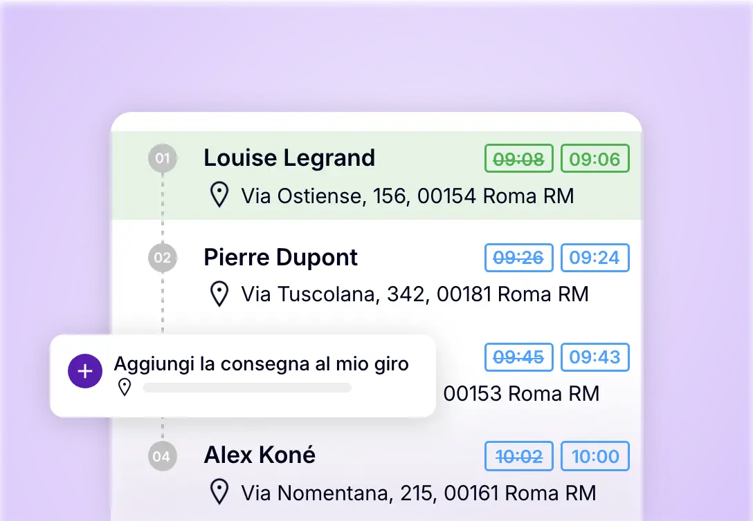 Applicazione per autisti addetti alle consegne che consente di inserire una nuova tappa e riorganizzare il giro