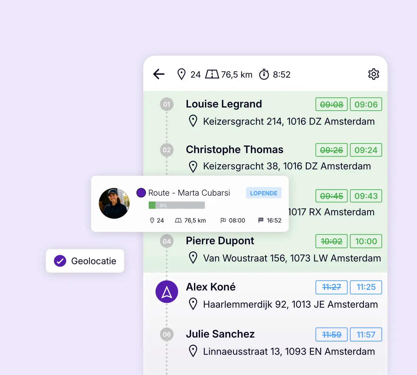 Realtime volgen van een route met geolocatie van de bezorger en aankomsttijden.