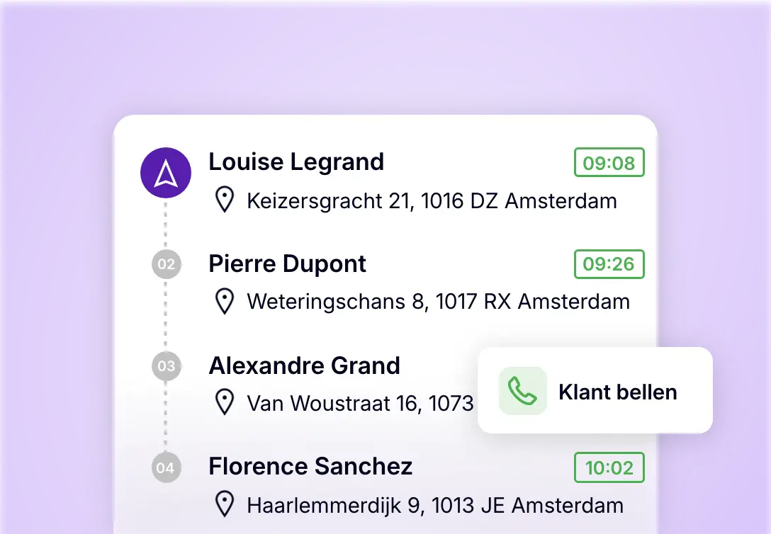 Chauffeursapp met de routestops en de optie om de klant te bellen