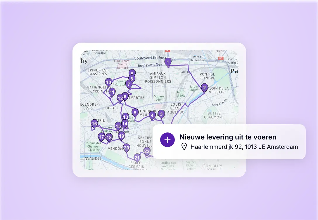 Kaart van een geoptimaliseerde bezorgroute met een nieuwe stop die via de mobiele app is toegevoegd.
