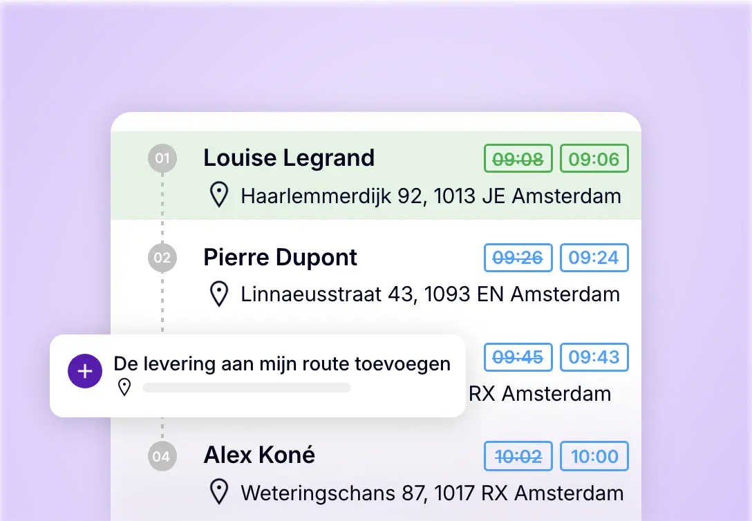 Chauffeursapp waarmee een nieuwe stop kan worden toegevoegd en de route opnieuw kan worden ingedeeld.