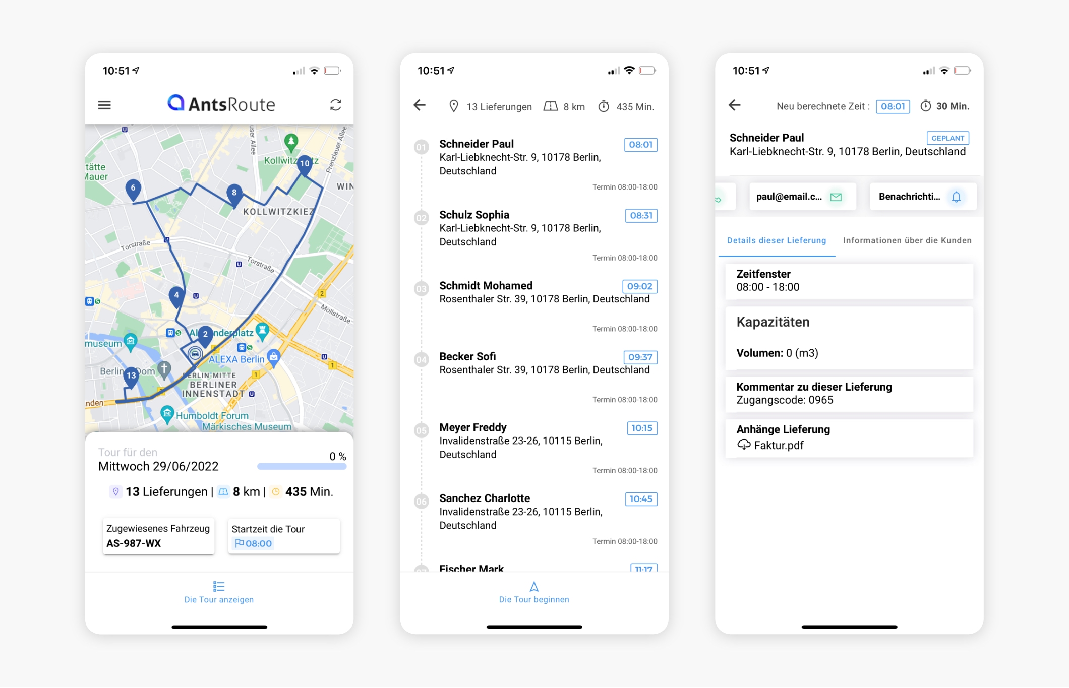 Die mobile Anwendung AntsRoute zeigt eine Route auf einer Karte und eine Liste von Arbeitsaufträgen