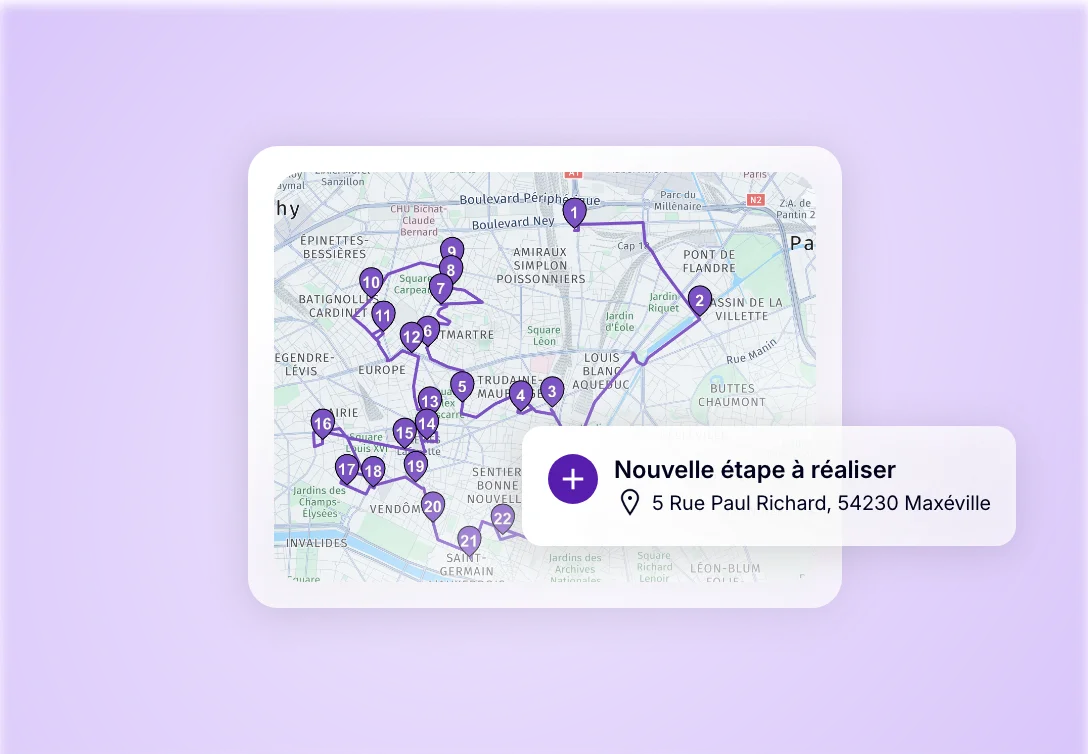 Carte d’une tournée de livraison optimisée avec ajout d’une nouvelle étape depuis l’application mobile