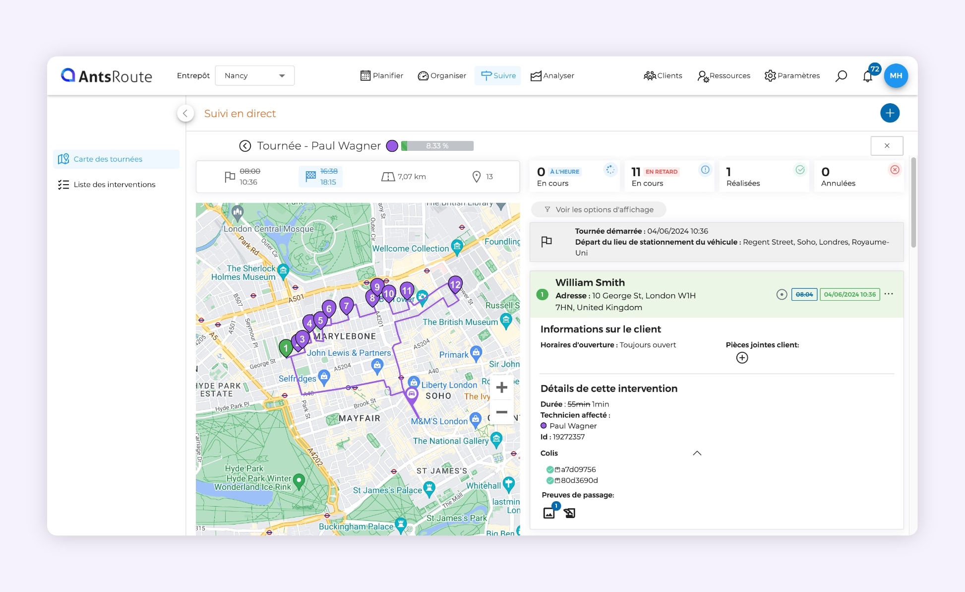 L'interface AntsRoute montrant le suivi en direct d'une tournée de transport.