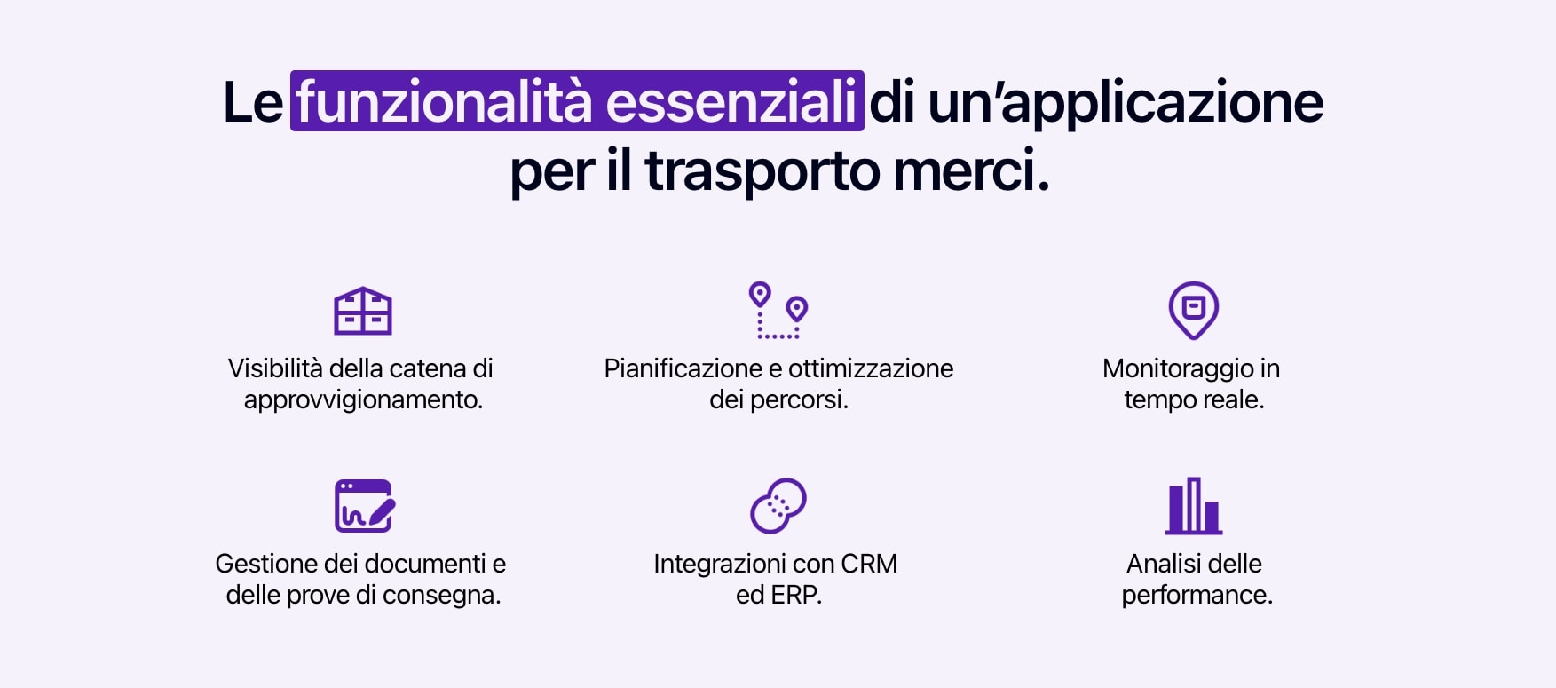 Diagramma che illustra le funzioni principali di un'applicazione per il trasporto merci.