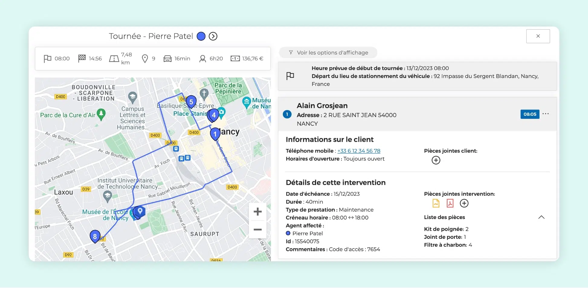 L’interface du logiciel AntsRoute montrant la tournée d’un technicien sur une carte.