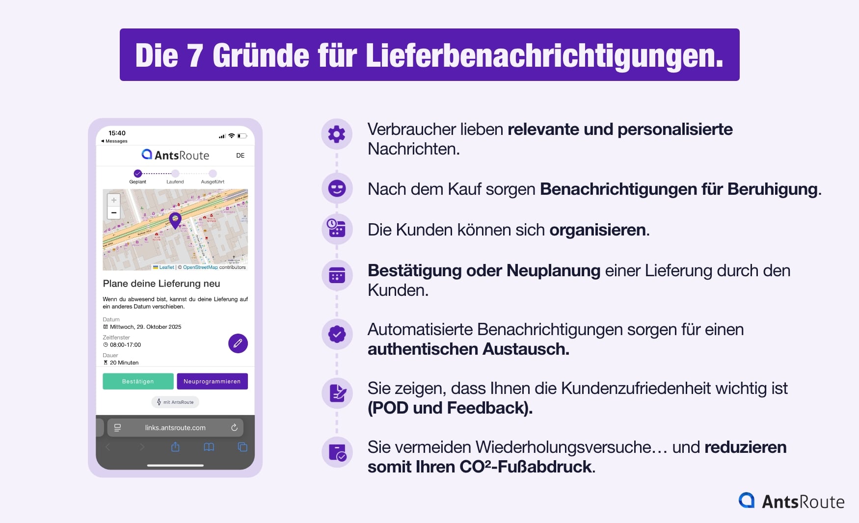 Ein Schaubild mit 7 Gründen für die Nutzung von Lieferbenachrichtigungen.