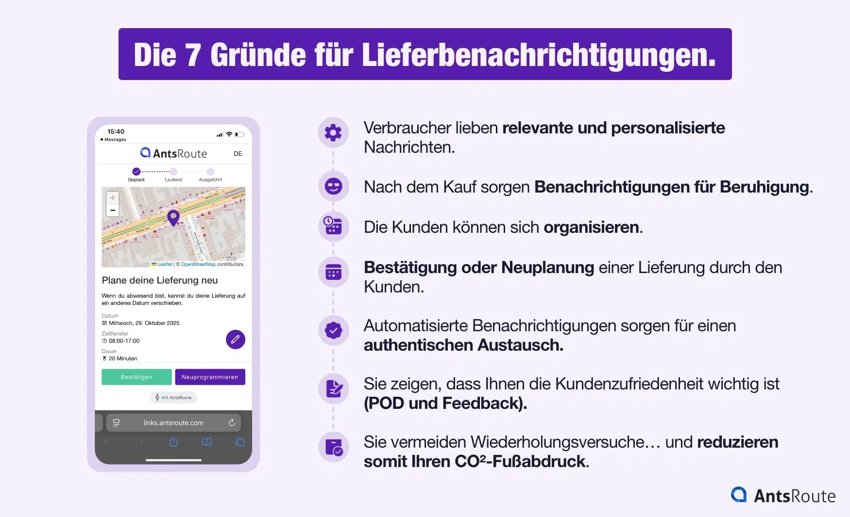 Ein Schaubild mit 7 Gründen für die Nutzung von Lieferbenachrichtigungen.