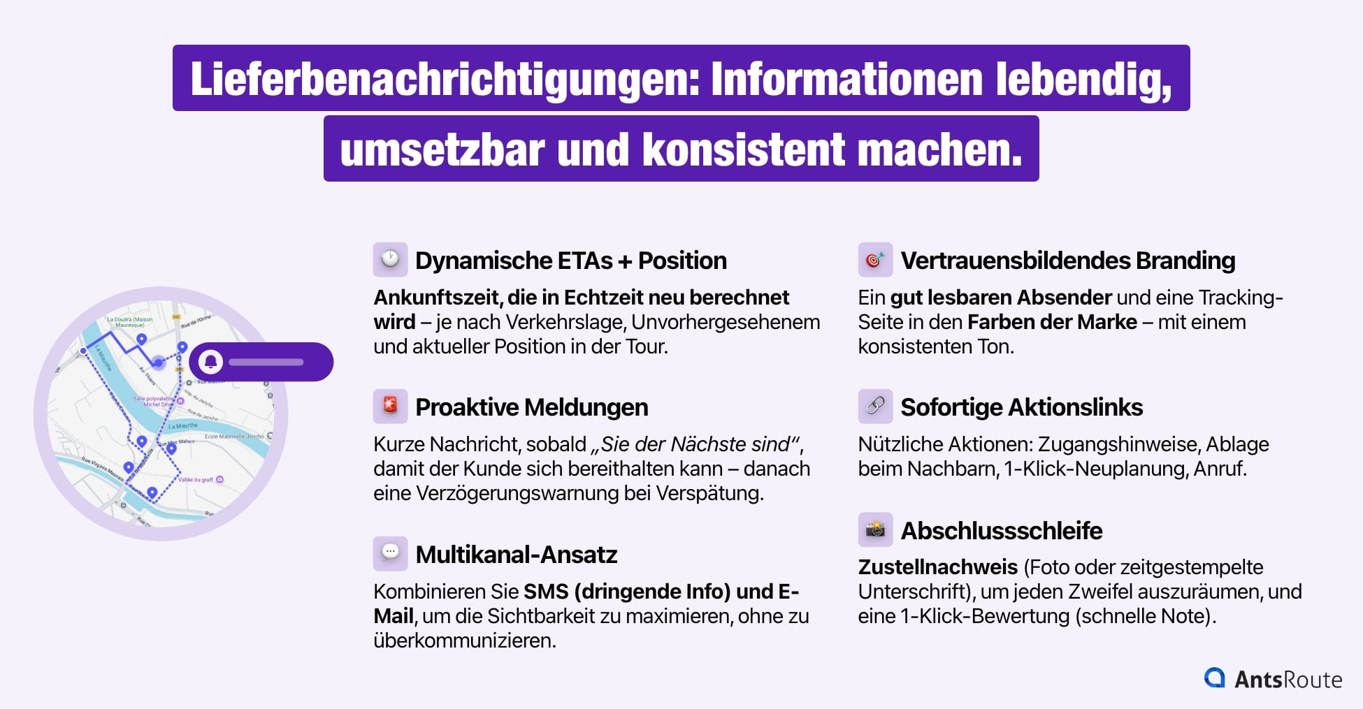 Schaubild mit sechs Regeln für erfolgreiche Lieferbenachrichtigungen.