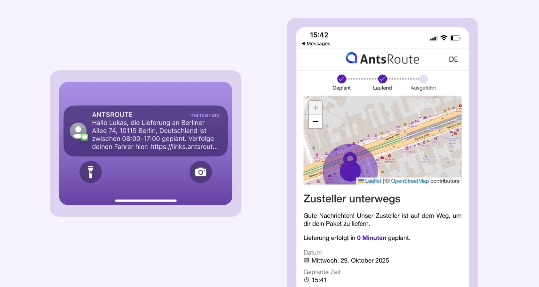 Benachrichtigungsvorlage zur Ankündigung der baldigen Ankunft des Fahrers, versendet über AntsRoute.
