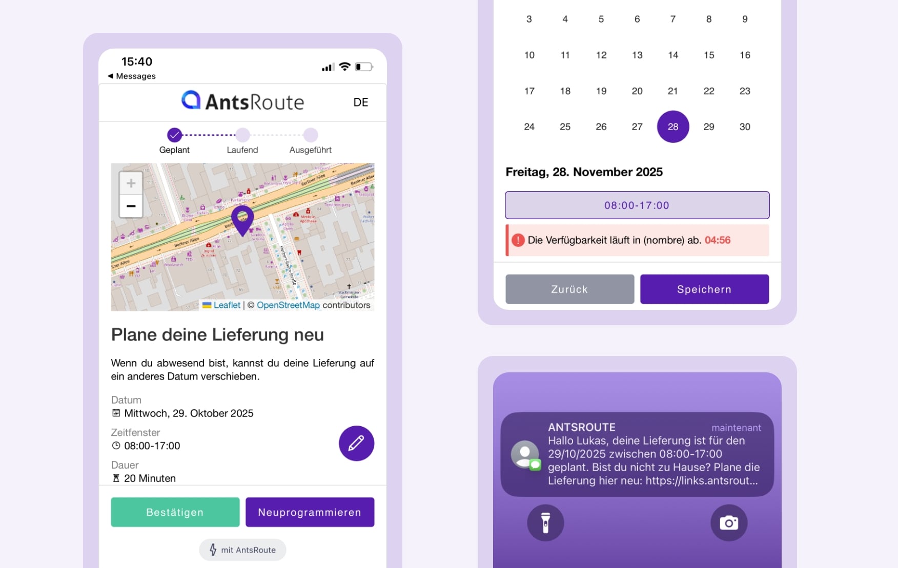 Benachrichtigungsvorlage für die Zustellung, versendet über AntsRoute, mit einem Link, über den der Kunde die Lieferung bestätigen oder neu planen kann.