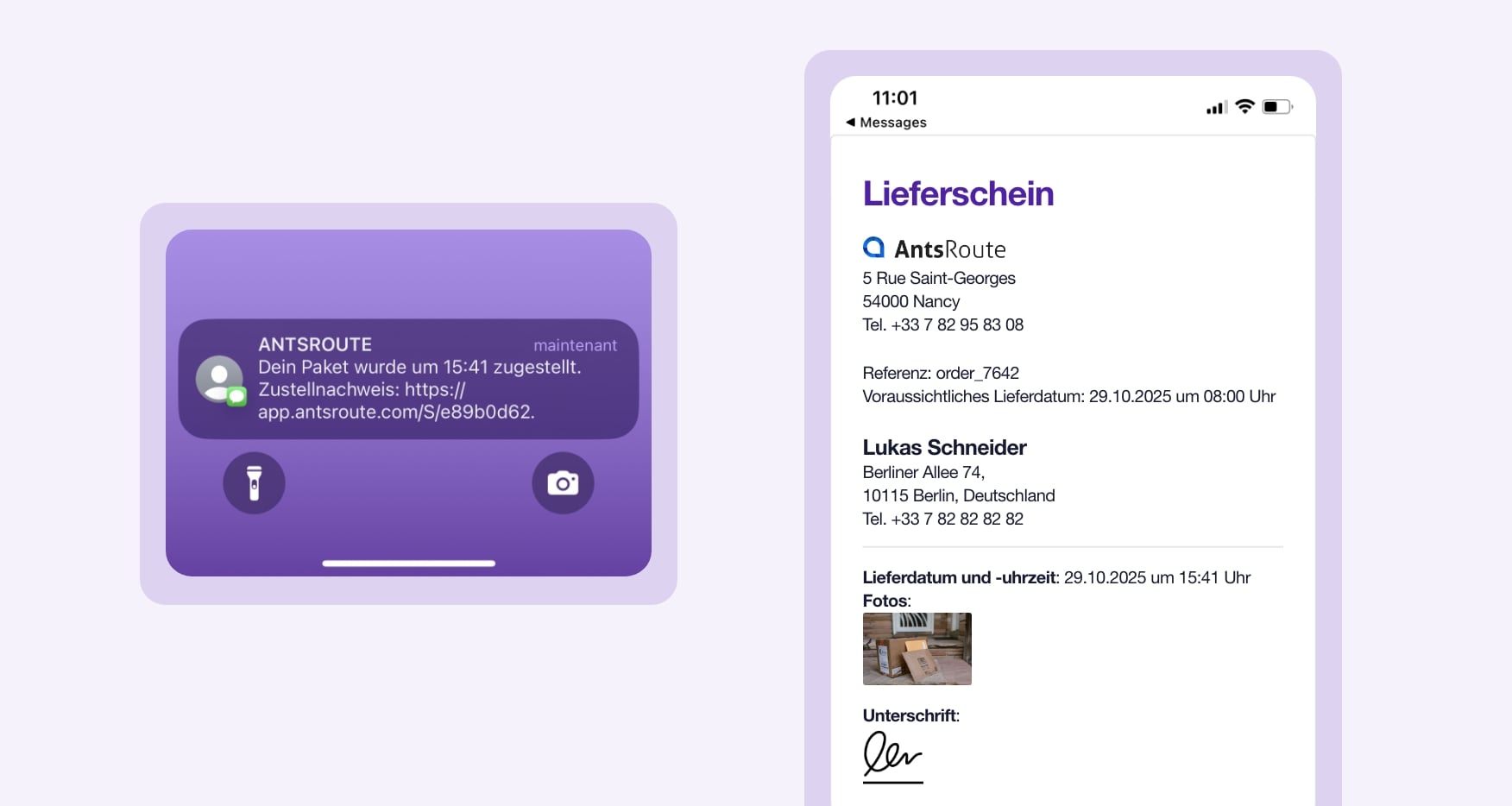 Benachrichtigungsvorlage zur Lieferung mit einem Link zum Herunterladen der Zustellnachweise, versendet über AntsRoute.