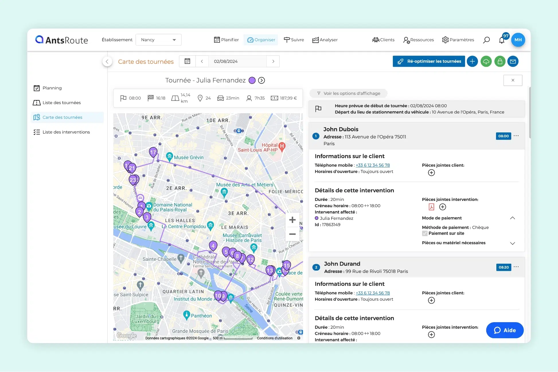 L'interface AntsRoute montrant les détails d'une tournée d'interventions.