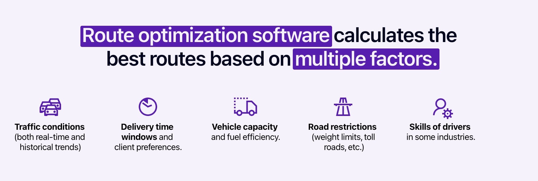 Diagram showing the factors taken into account by route optimization software.