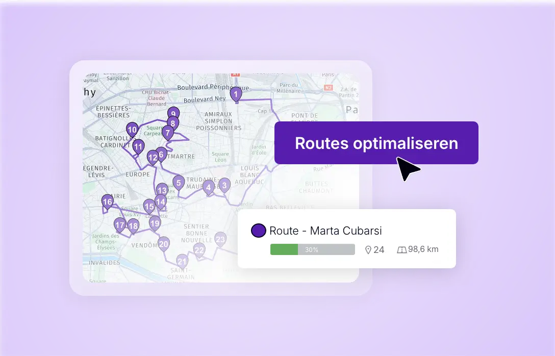 Planning van een geoptimaliseerde bezorgroute op een kaart met 24 stops