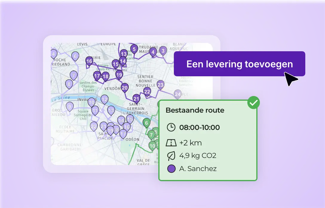 Een levering toevoegen aan een bestaande route op basis van het tijdvenster, de afstand en de CO₂-uitstoot