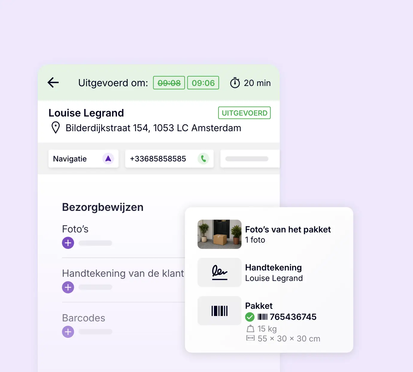 Bezorgbewijs met foto van het pakket, handtekening van de klant en barcodescan in AntsRoute