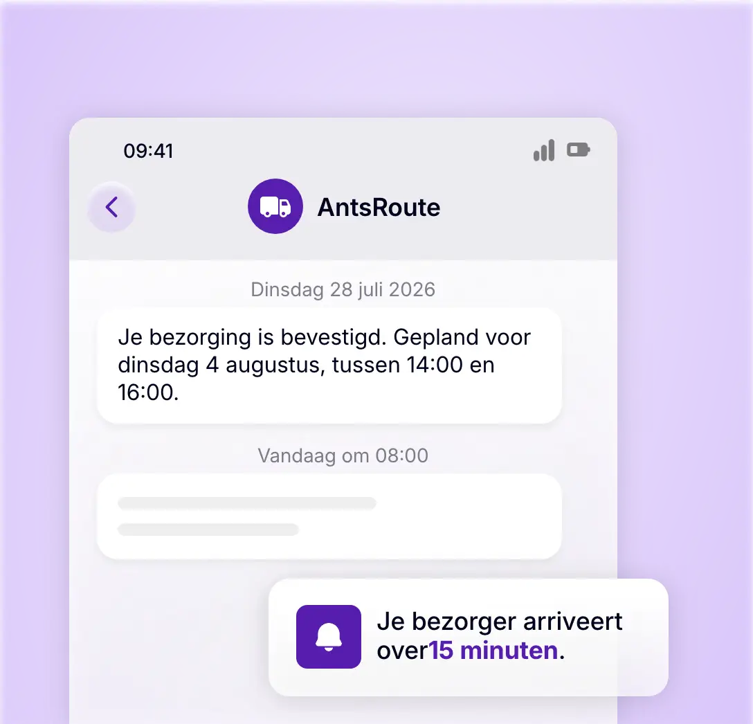 Klantmelding met bevestiging van het tijdslot en de aankomsttijd van de bezorger