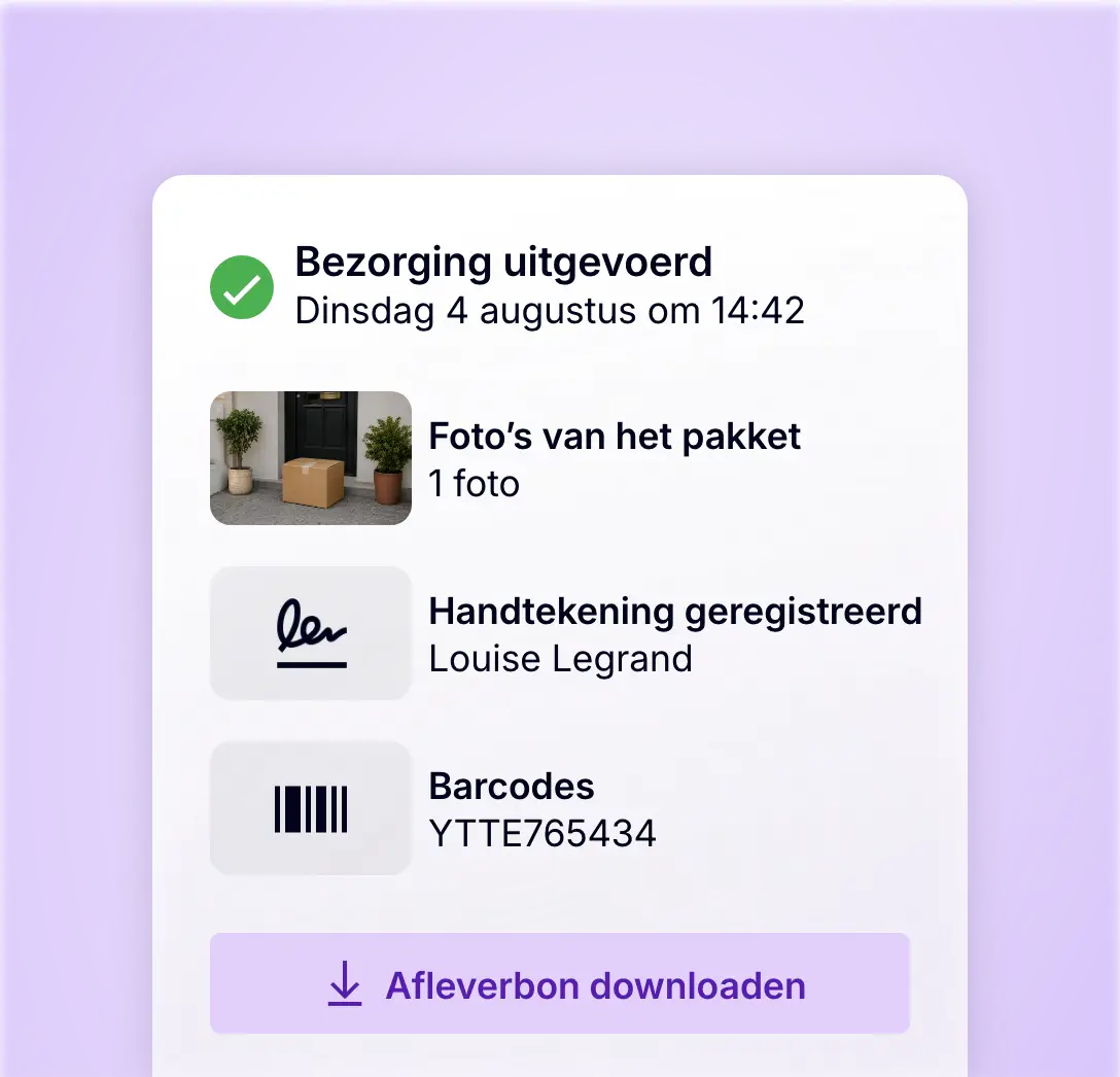 Bezorgbewijs met foto van het pakket, handtekening en barcodescan