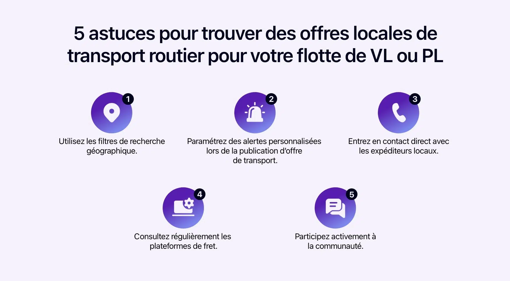 Schéma présentant 5 astuces pour trouver des offres locales de transport routier pour votre flotte de VL ou PL.