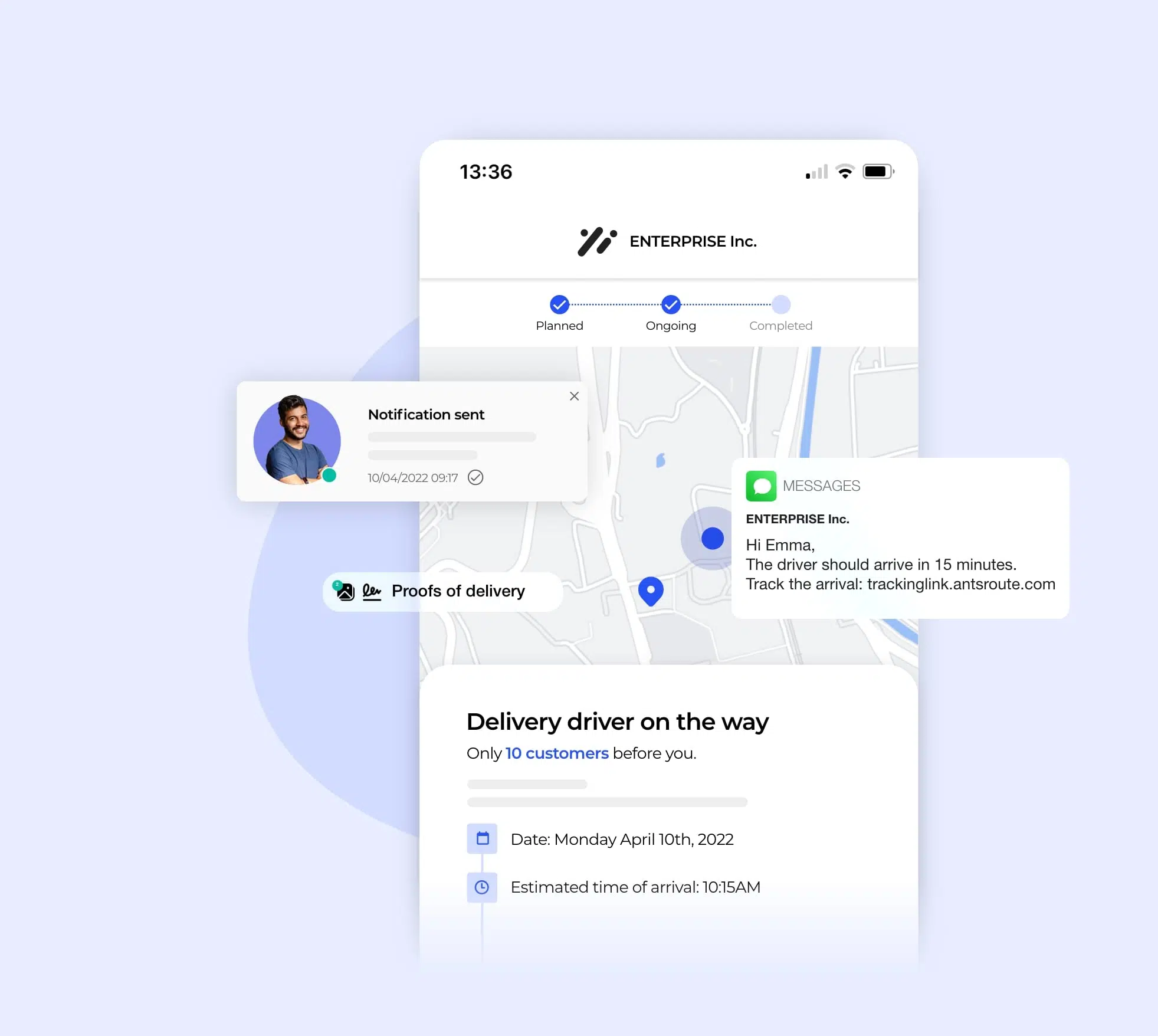 The AntsRoute interface showing the sending of a notification with a geolocation link for the delivery driver.