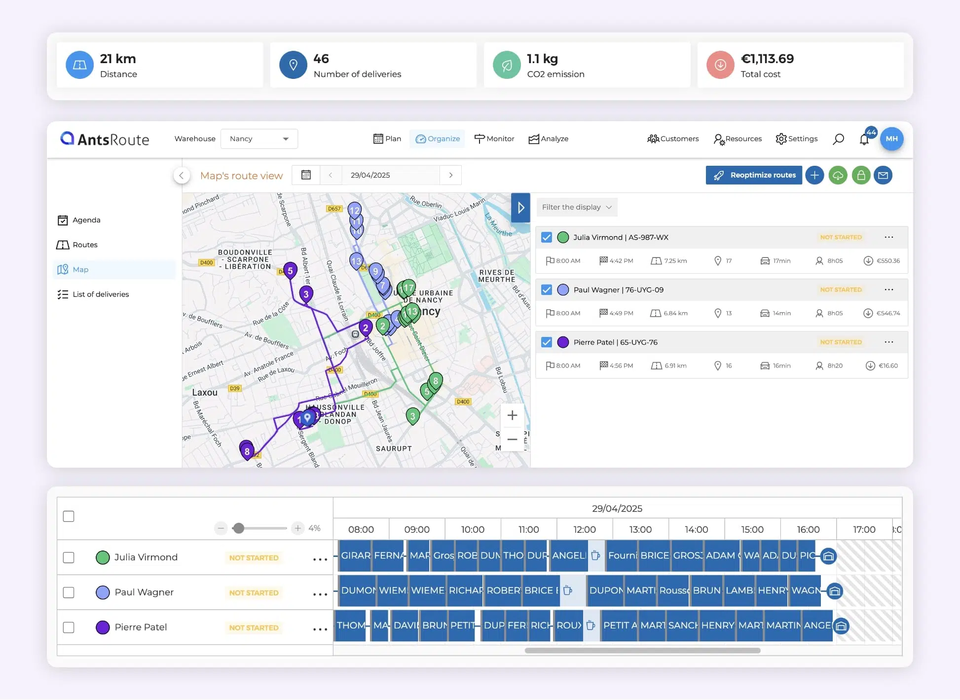The AntsRoute interface for optimising last-mile delivery routes.