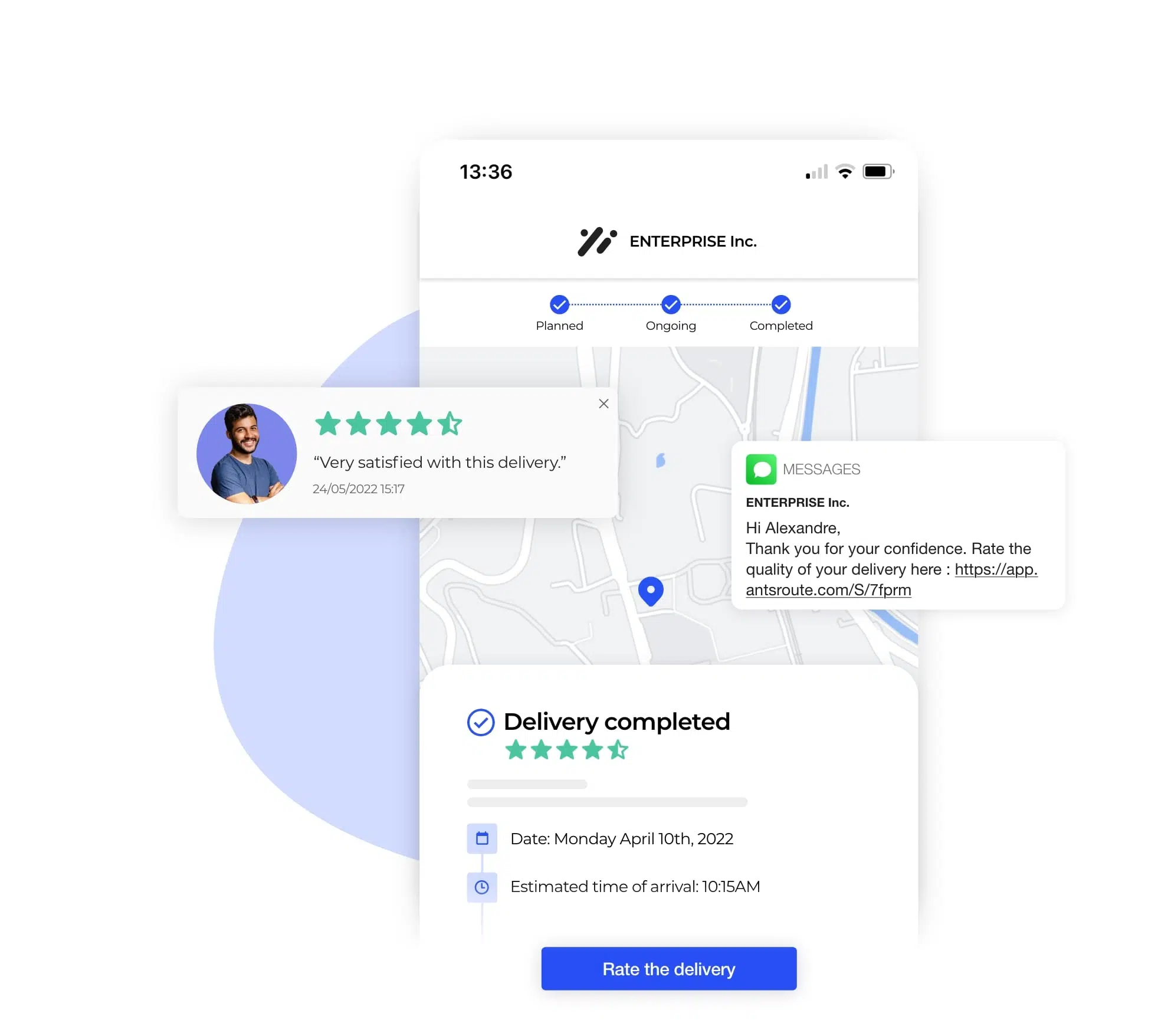 The AntsRoute interface showing the rating of the quality of the delivery service.