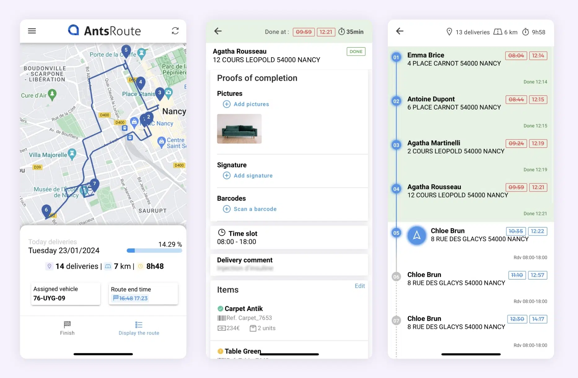 The AntsRoute mobile app showing the validation of a stop with proof of delivery transmission.