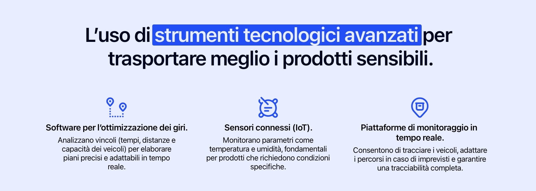 Diagramma che mostra 3 strumenti per migliorare il trasporto di prodotti sensibili.