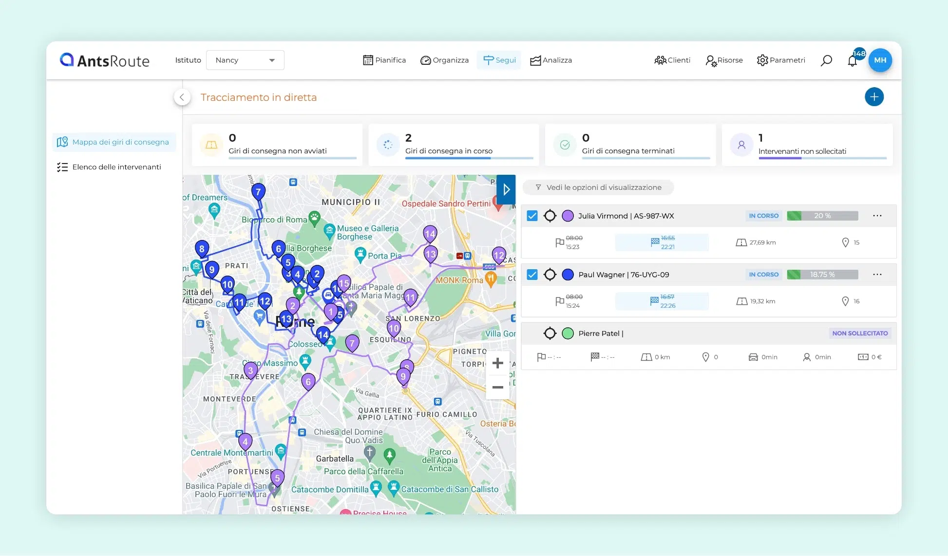 L'interfaccia del software AntsRoute mostra due percorsi d'intervento ottimizzati