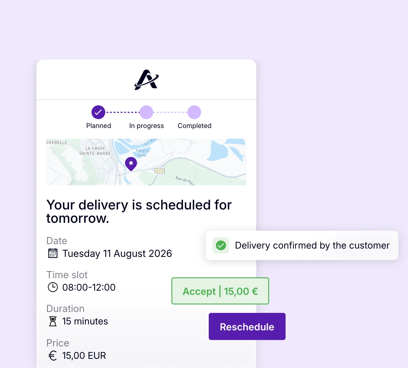 Customer portal allowing customers to confirm or reschedule a delivery