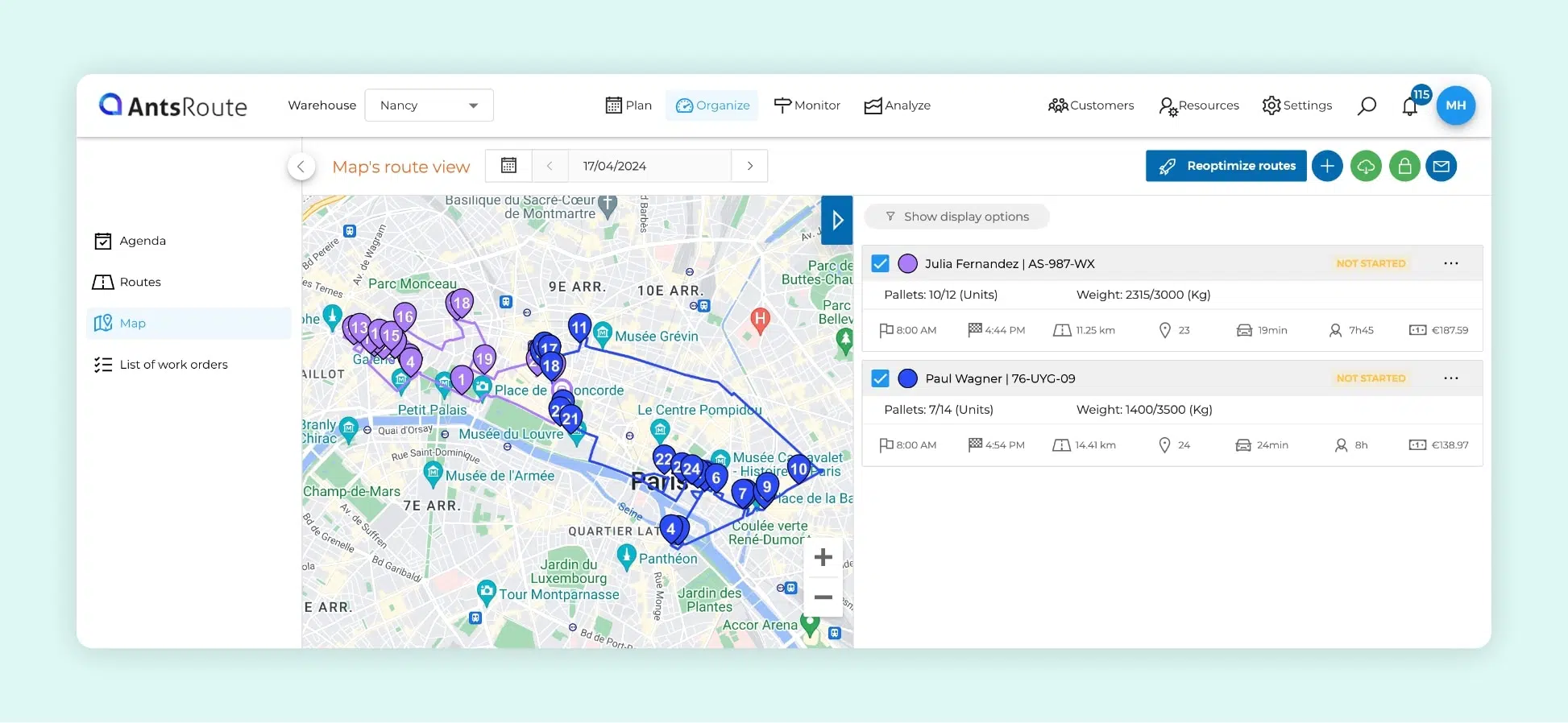 The AntsRoute interface showing two optimised field service routes.
