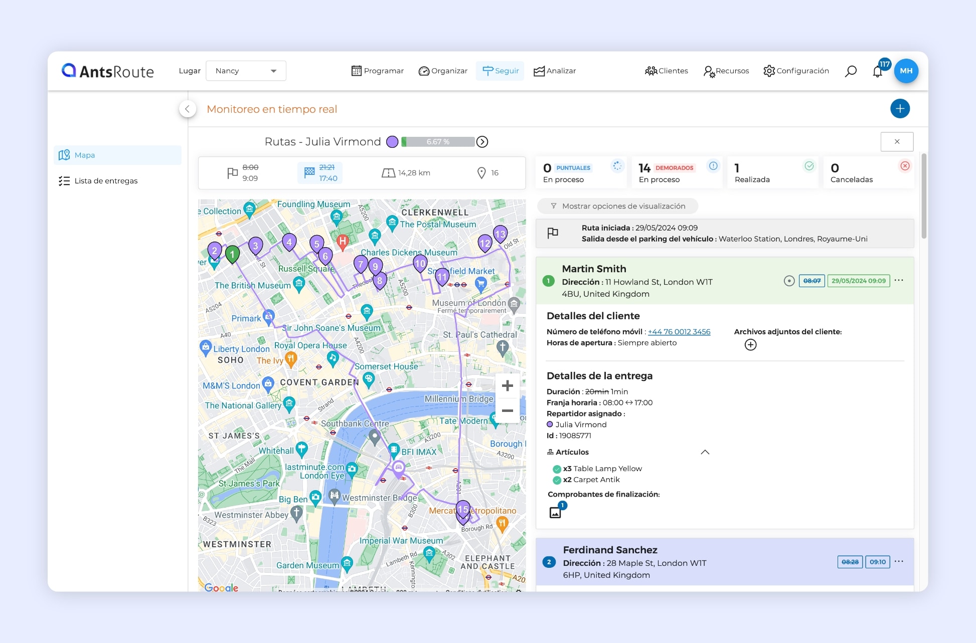 Un plan optimizado de tres rutas en AntsRoute.