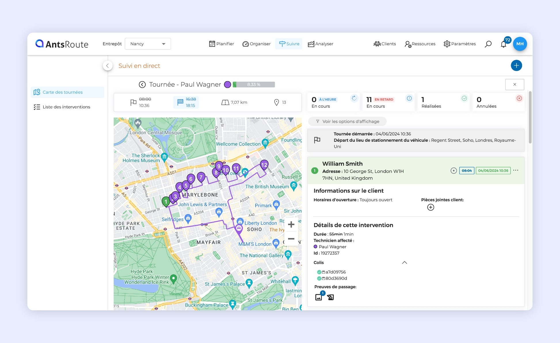 Un plan de trois tournées optimisées sur AntsRoute.