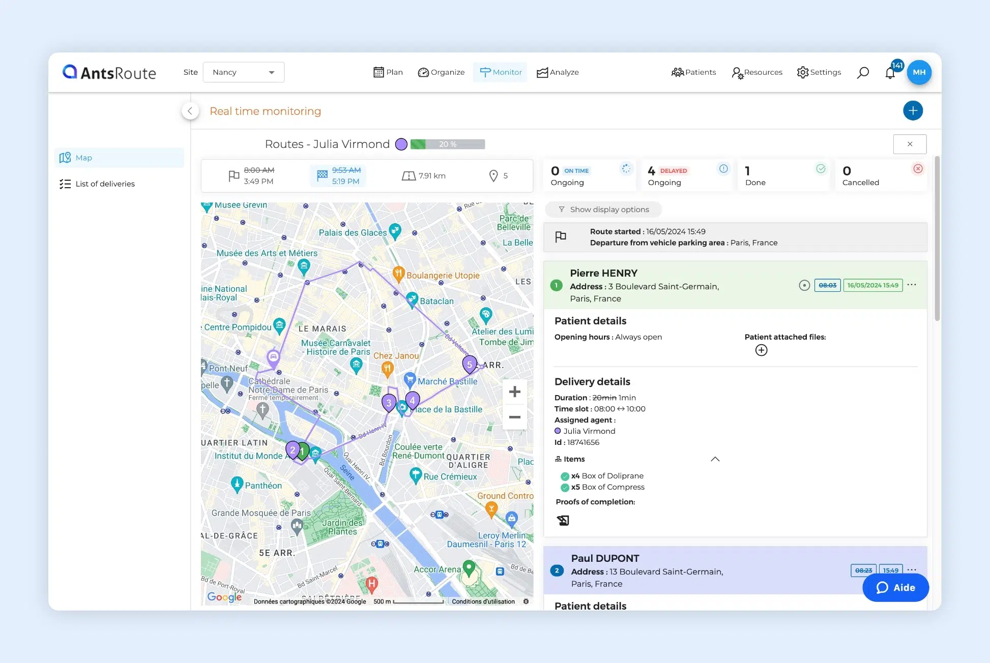 The AntsRoute interface showing the tracking of a delivery route.