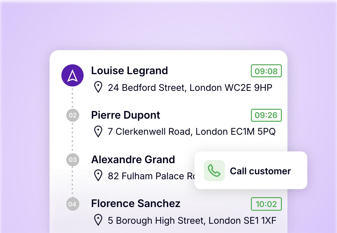 Delivery driver app showing route stops and the option to call the customer