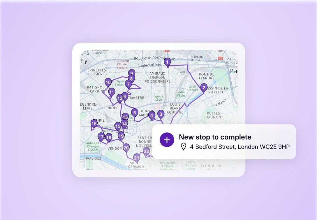 Map of an optimised delivery route with a new stop added from the mobile app