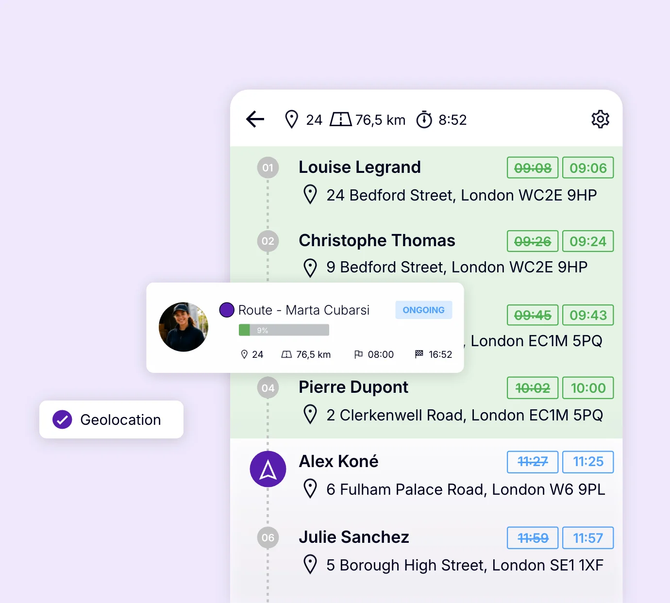 Real-time route tracking with delivery driver geolocation and scheduled arrival times