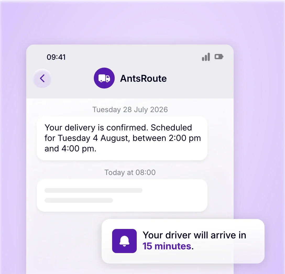 Customer notification confirming the delivery time slot and the driver’s arrival time