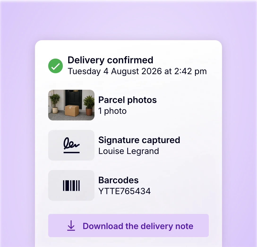 Proof of delivery with a parcel photo, signature and barcode scan