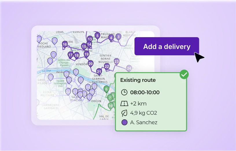 Adding a delivery to an existing route based on the time window, distance and CO₂ emissions