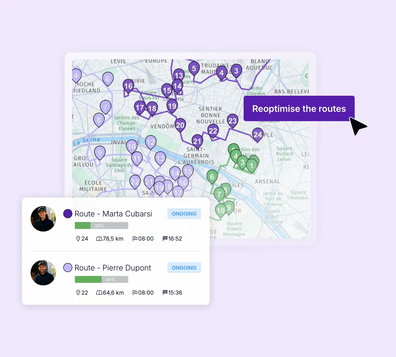 Map of delivery routes in progress with route reoptimisation