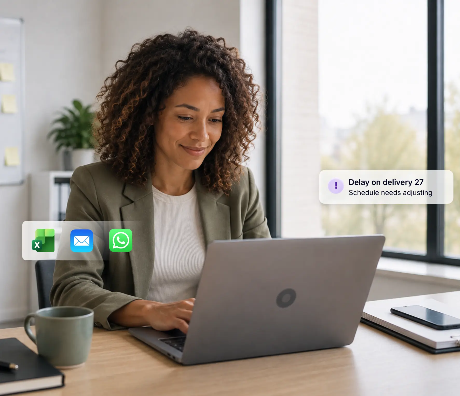 Logistics manager managing deliveries on a laptop using Excel, email and WhatsApp, with a delivery delay alert requiring a schedule adjustment.