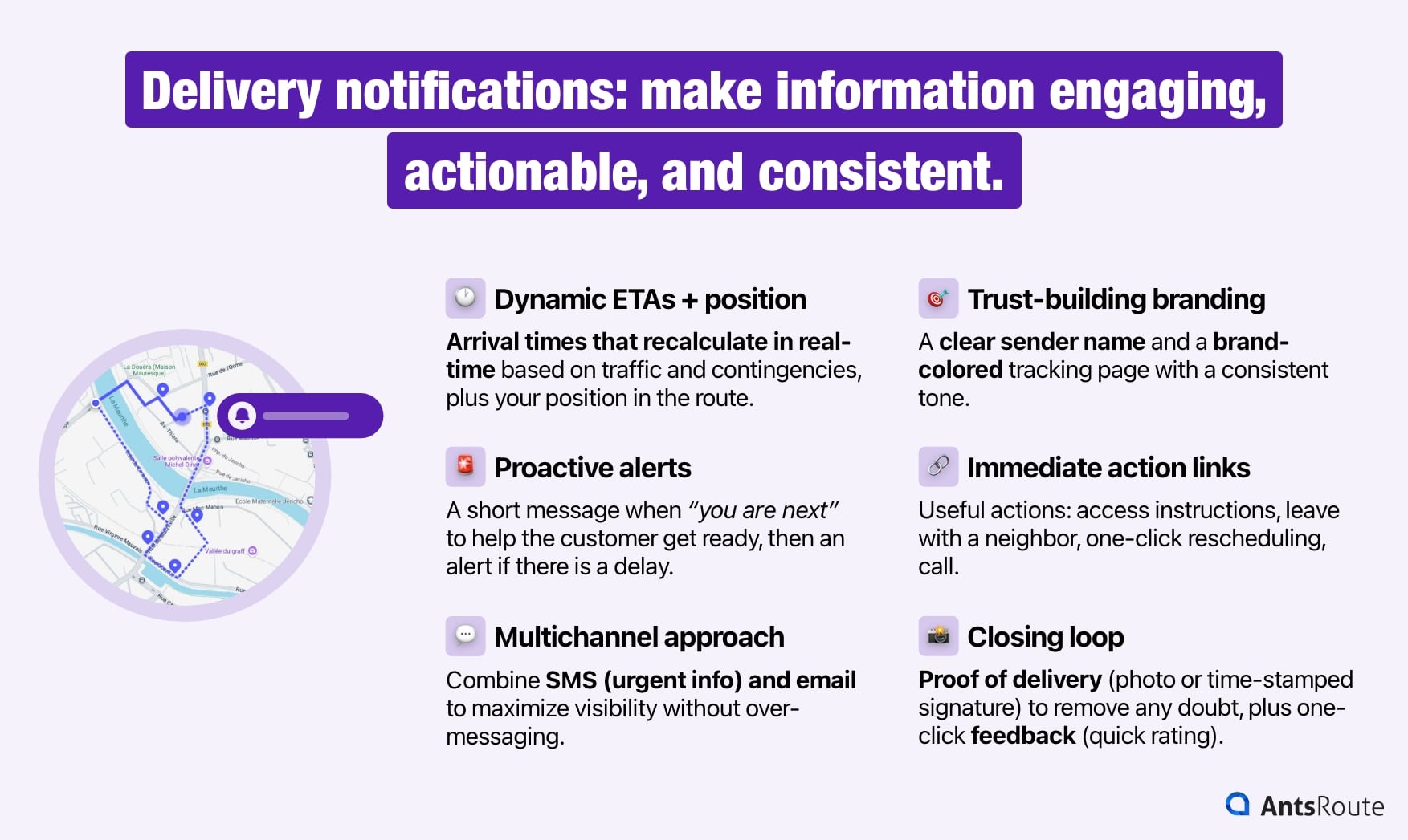 Diagram presenting six rules to follow for successful delivery notifications.