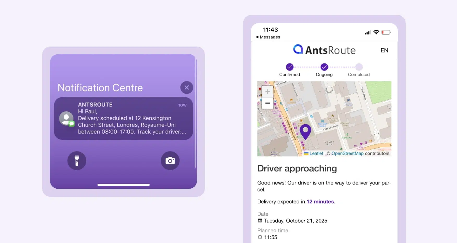 Template for a delivery notification indicating the driver is approaching, sent via AntsRoute.