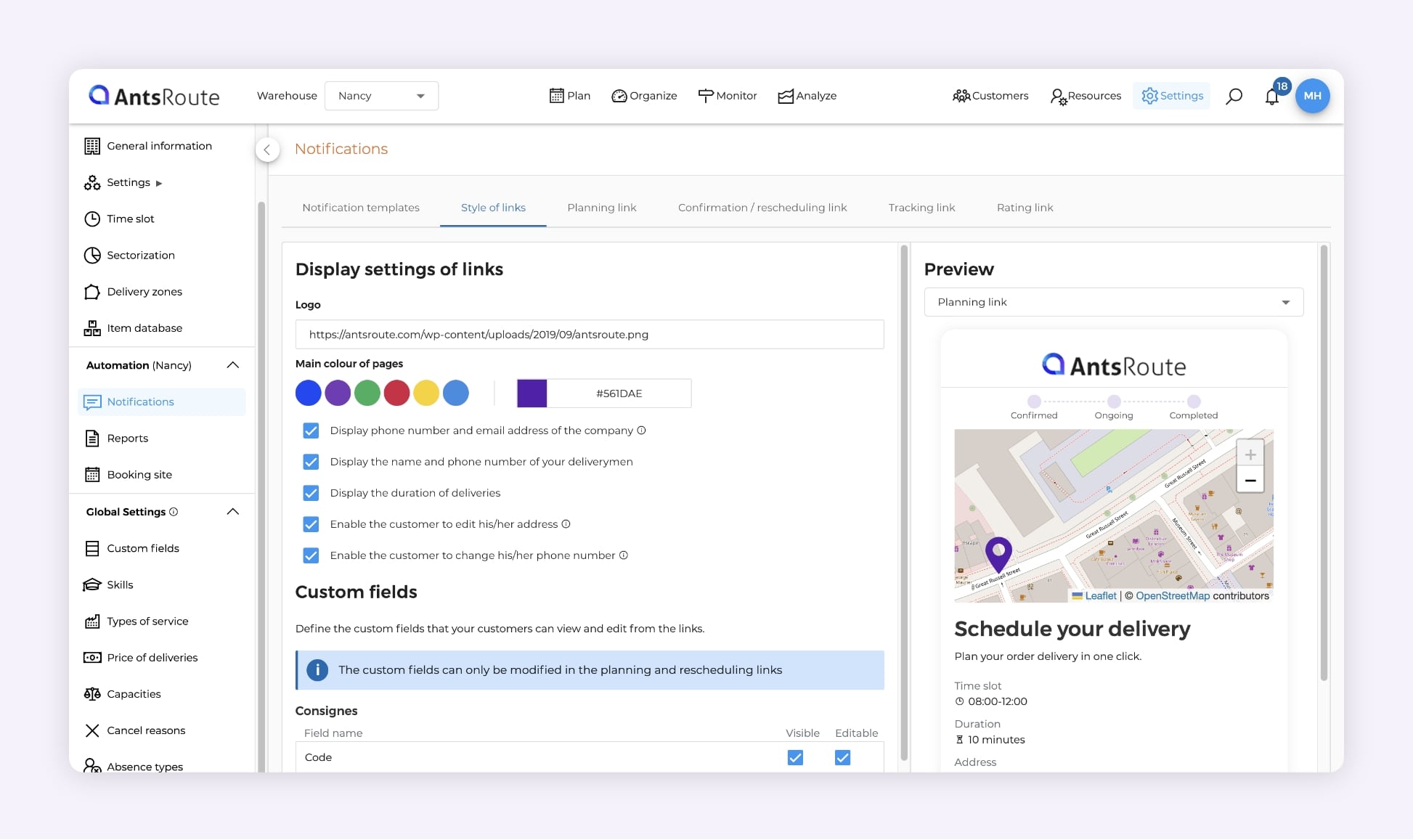 Screenshot of AntsRoute showing the delivery-tracking page editor and the confirmation/rescheduling screen, with settings for logo, colors, messages, and customer fields.