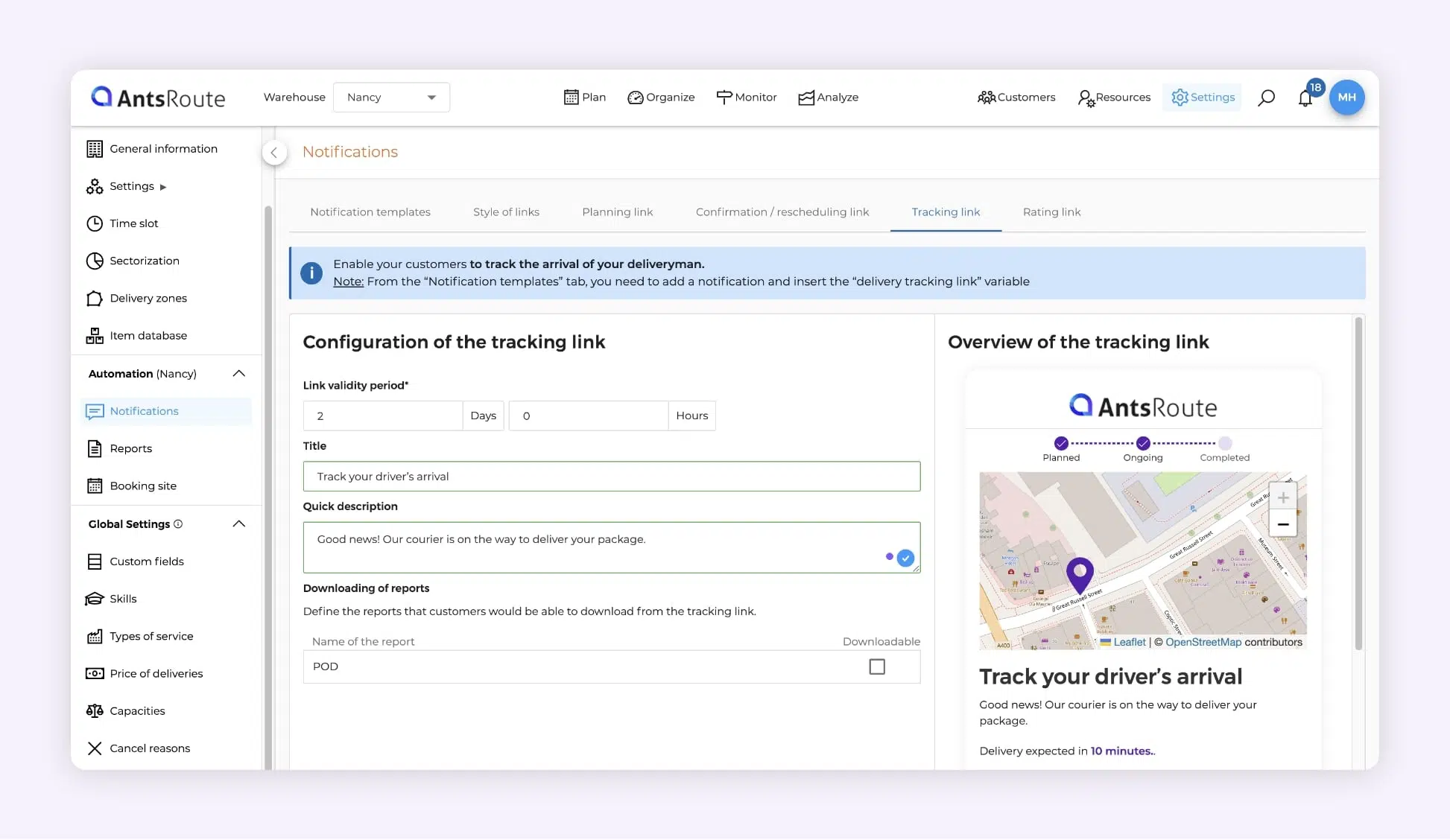 AntsRoute: package-tracking link setup screen — customize the title/description and the link’s validity period.