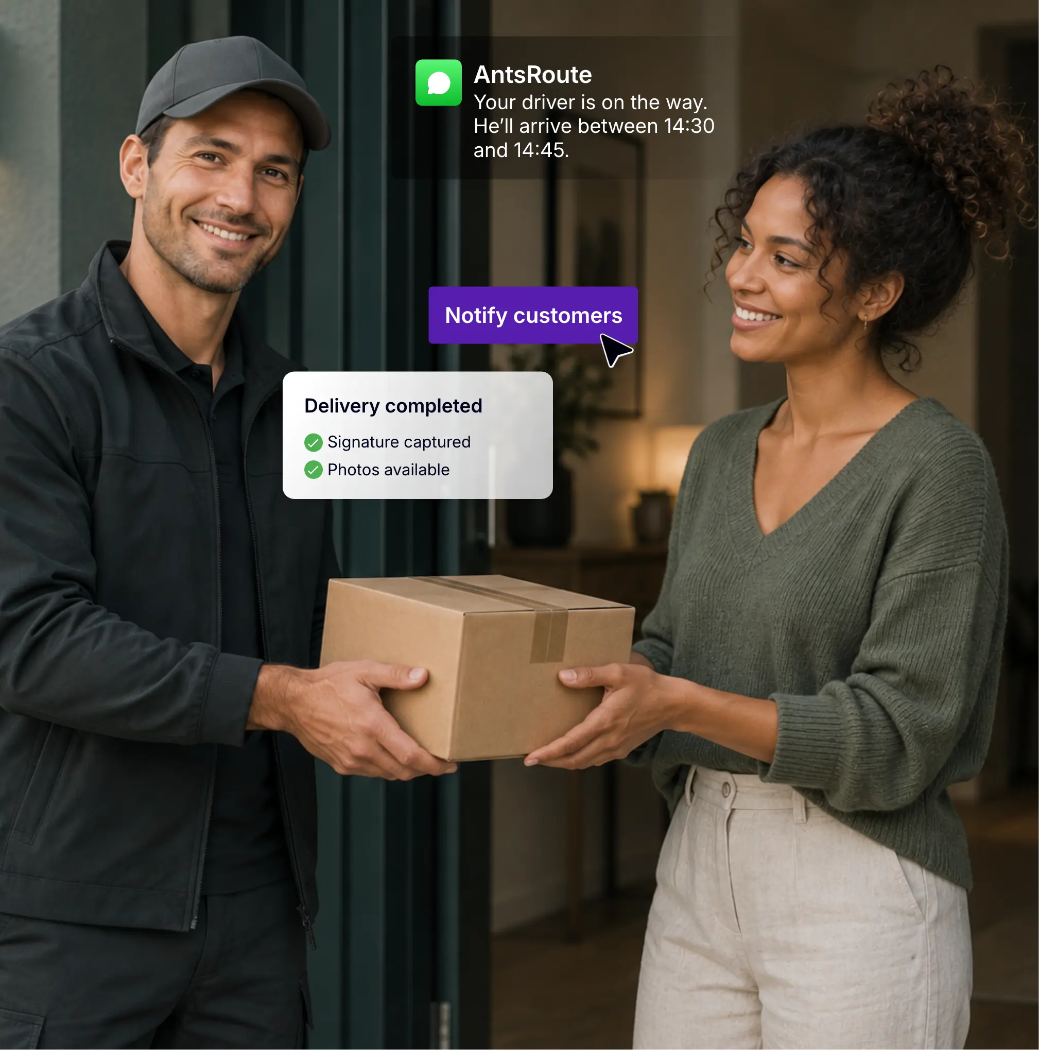 Driver hands a package to a customer while AntsRoute sends an arrival notification and records proof of delivery.