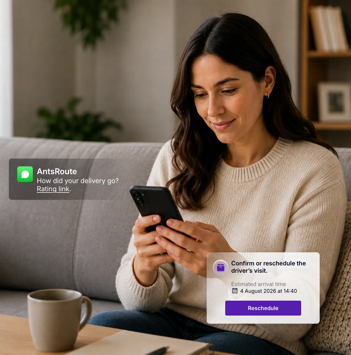 Customer receiving an AntsRoute notification to confirm or reschedule the driver’s visit