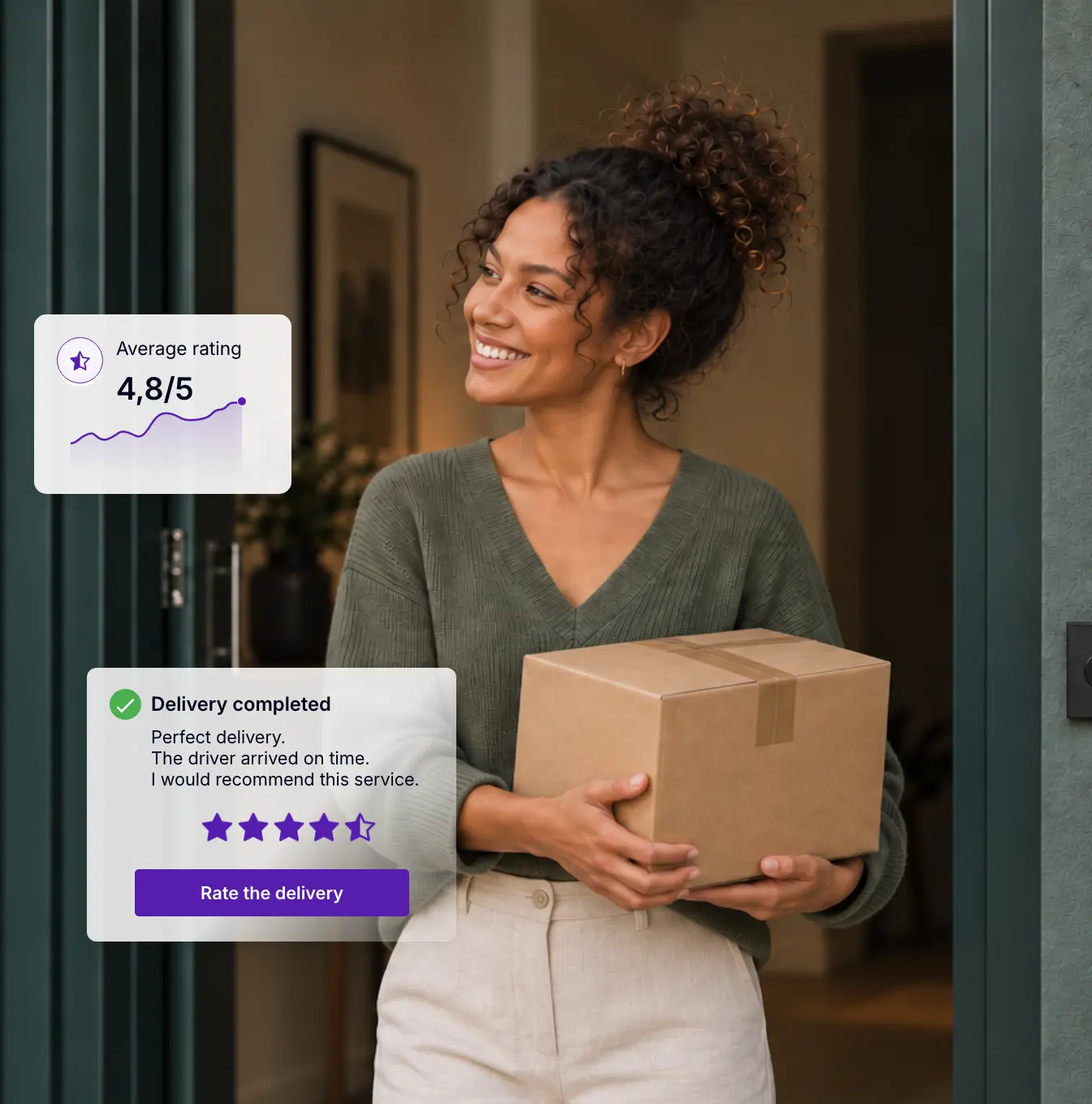 Customer rating a delivery after receiving her parcel, using AntsRoute notifications